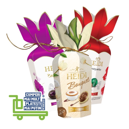 Colecția de praline Heidi Bouquet, în ambalaje elegante și colorate, ideală pentru cadouri premium. Disponibile în mai multe sortimente pentru toate preferințele.