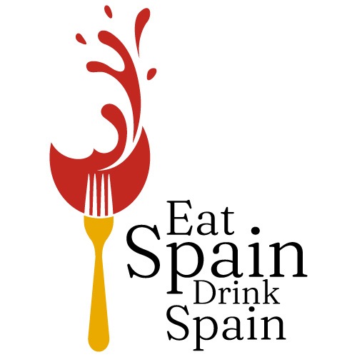 Logo Eat Spain Drink Spain cu furculiță stilizată și splash roșu, simbol al gastronomiei spaniole.