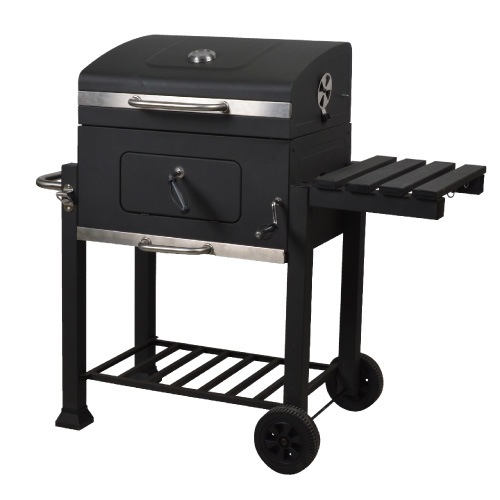 Grătar metalic Memphis pe cărbune, cu capac, roți și raft lateral, ideal pentru gătit în aer liber.