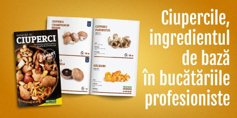 Catalog METRO cu varietăți de ciuperci și mesajul ‘Ciupercile, ingredientul de bază în bucătăriile profesioniste’ pe fundal galben.