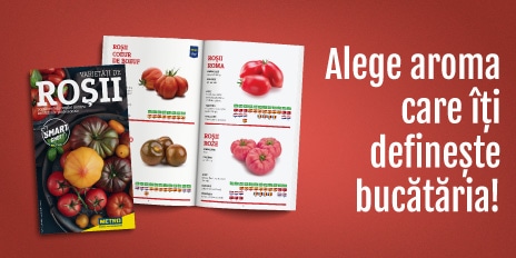 Catalog METRO cu varietăți de roșii și mesajul ‘Alege aroma care îți definește bucătăria!’ pe fundal roșu.