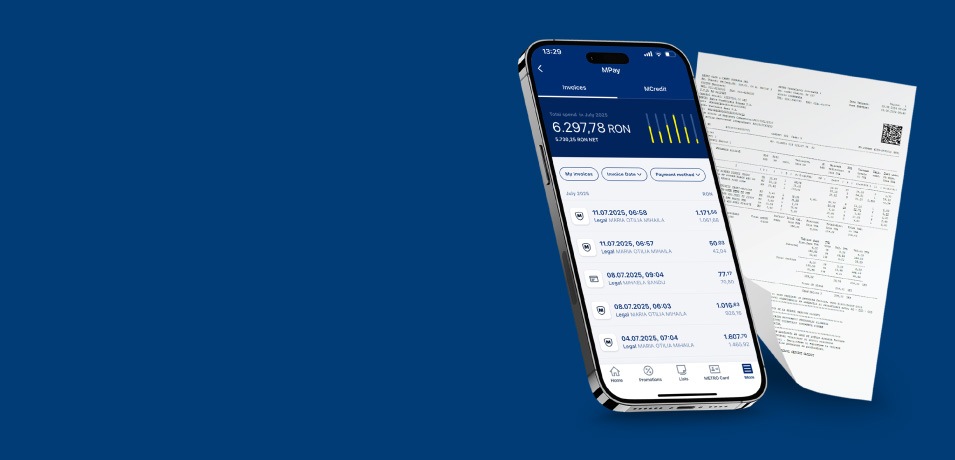 Telefon mobil afișând aplicația METRO MPay și o factură METRO, pe fundal albastru.