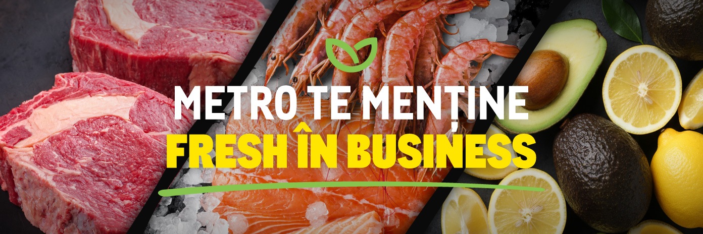 Colaj cu carne roșie, somon cu creveți și avocado cu lămâi, însoțit de mesajul „METRO te menține fresh în business” – selecție de produse proaspete METRO.