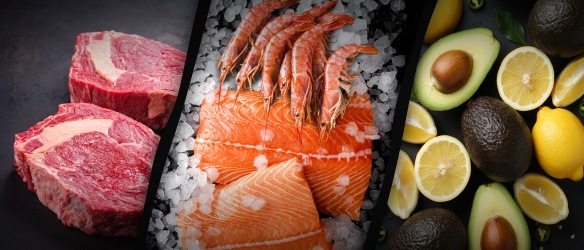 Selecție de ingrediente proaspete – carne de vită, creveți și somon pe pat de gheață, alături de avocado și lămâi – prezentate într‑un layout vibrant, sub mesajul METRO: «Te menține fresh în business»