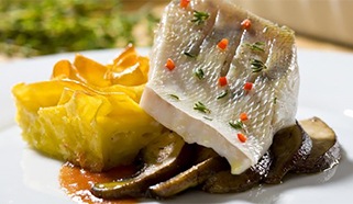 Zubáč s portobello hubami, zapečené pappardelle s paradajkovou omáčkou