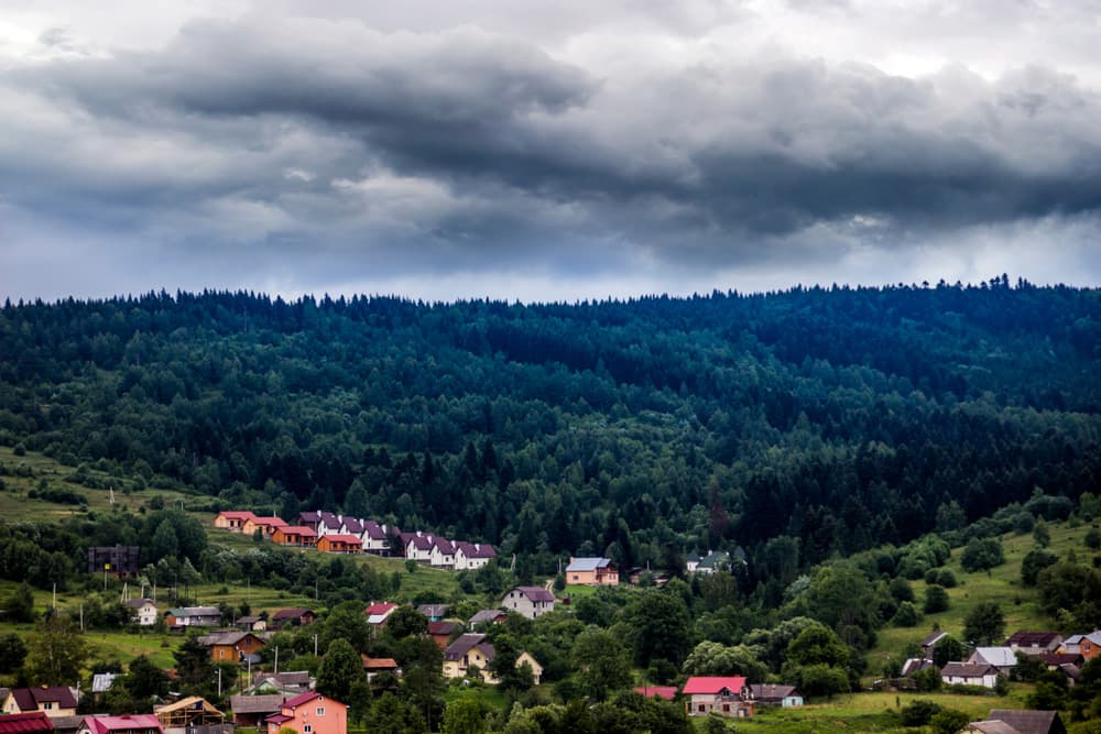 Краєвид села серед зелених Карпатських лісів під похмурим небом
