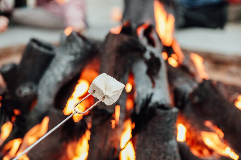 Смаження маршмелоу на вогнищі на шампурі