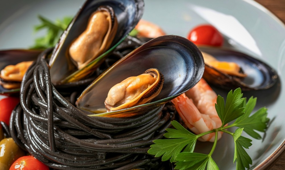 чорна паста з мідіями